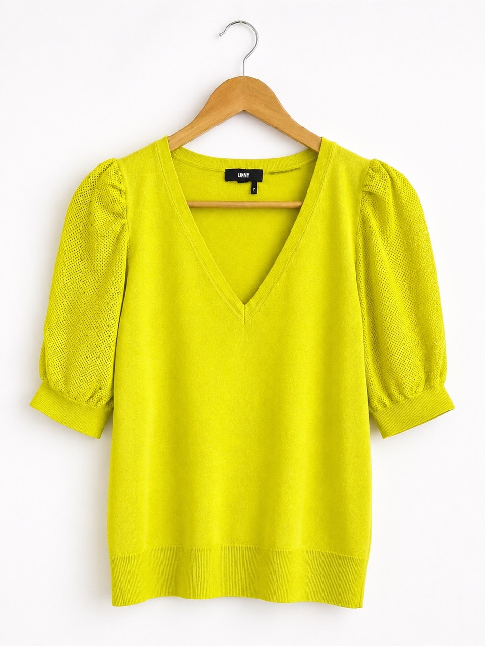 DKNY Bright Yellow V-Neck Puff Sleeve Top Large Elevated Basic Statement